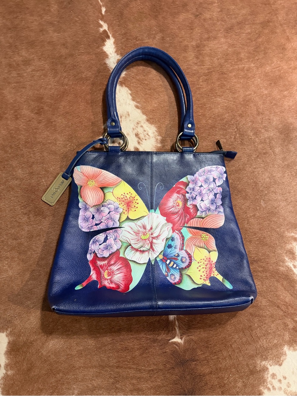 Anuschka Blue Leather Shoulder Bag with Multicolor Butterfly Florals